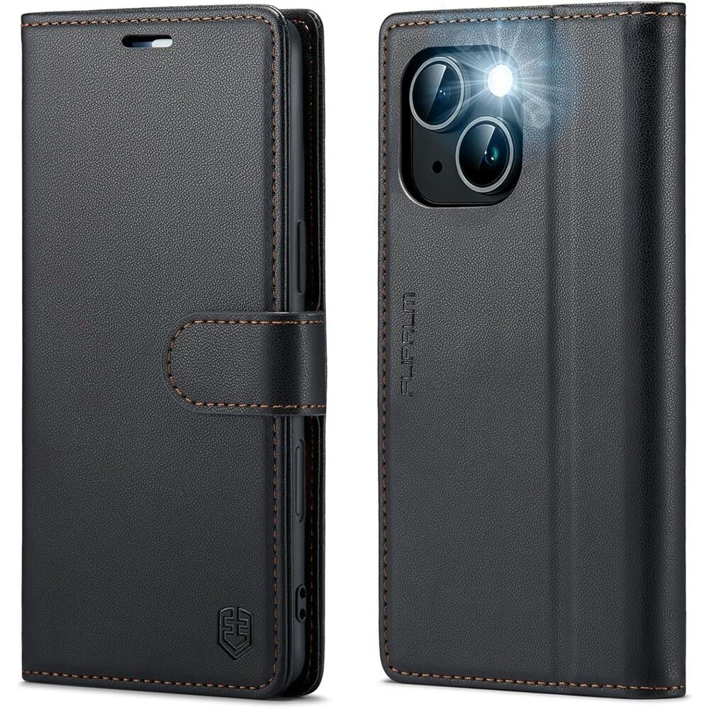 FLIPALM iPhone 15-6.1" Wallet Case RFID Blocking, Kickstand, Shockproof - Black